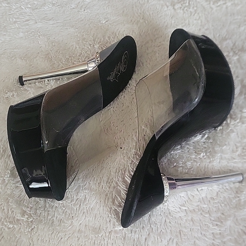 Pleaser Black Patent Platform Heels with Clear Strap and Silver Stiletto